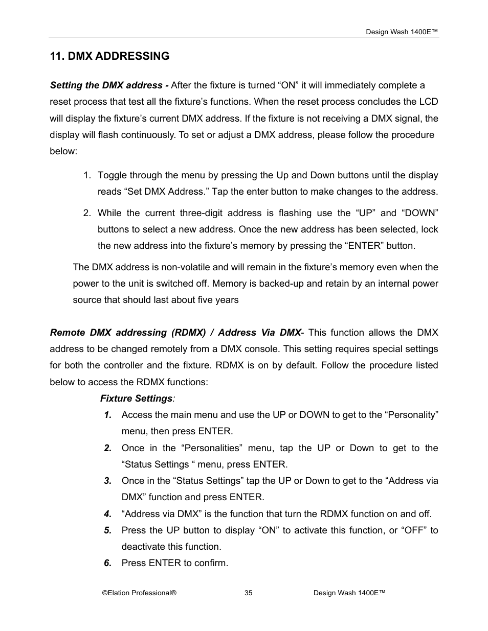 Dmx addressing | Elation Professional 1400E User Manual | Page 35 / 64