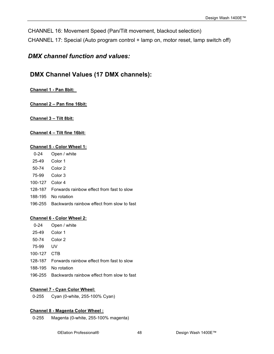 Dmx channel function and values, Dmx channel values (17 dmx channels) | Elation Professional 1400E User Manual | Page 48 / 64