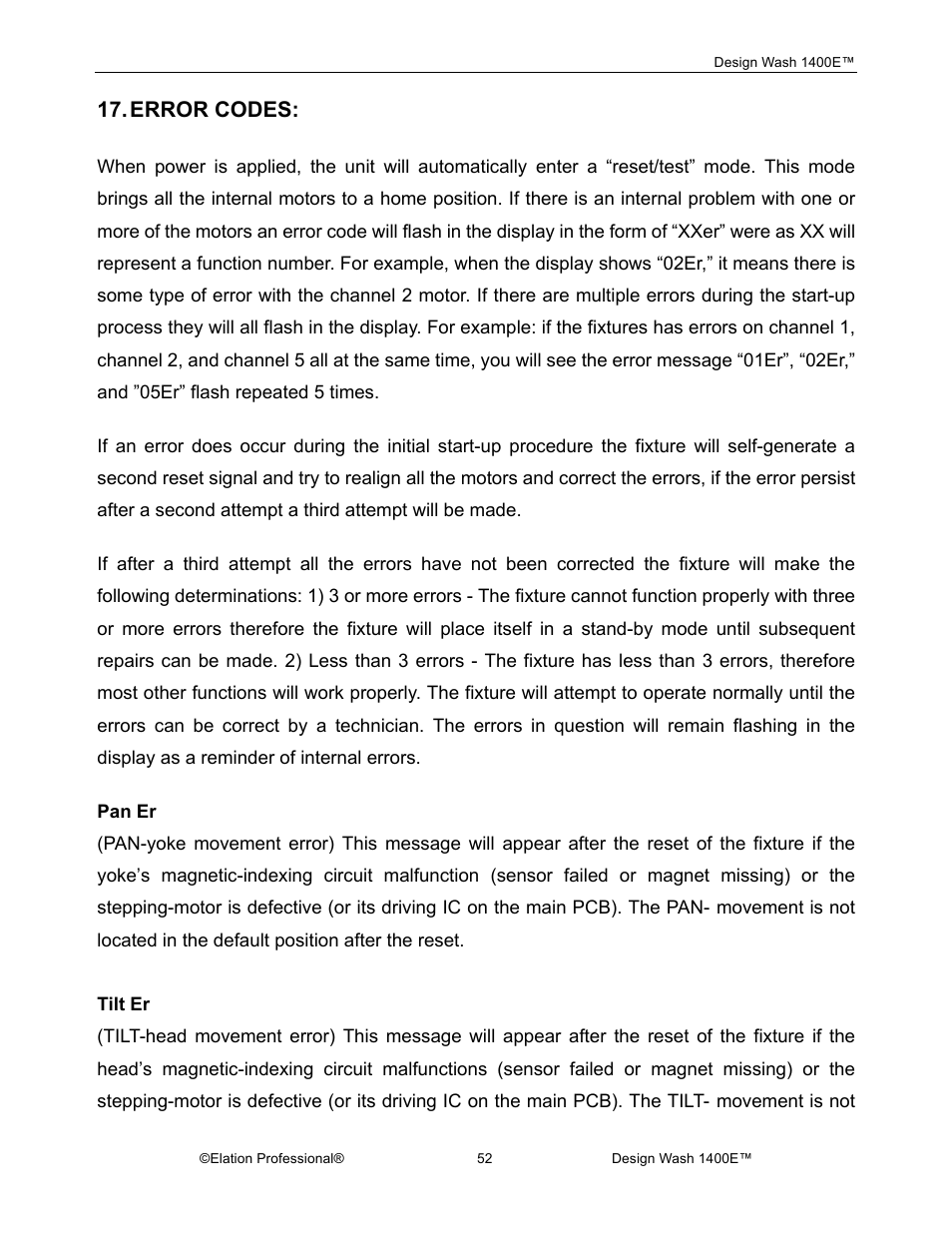 Error codes | Elation Professional 1400E User Manual | Page 52 / 64