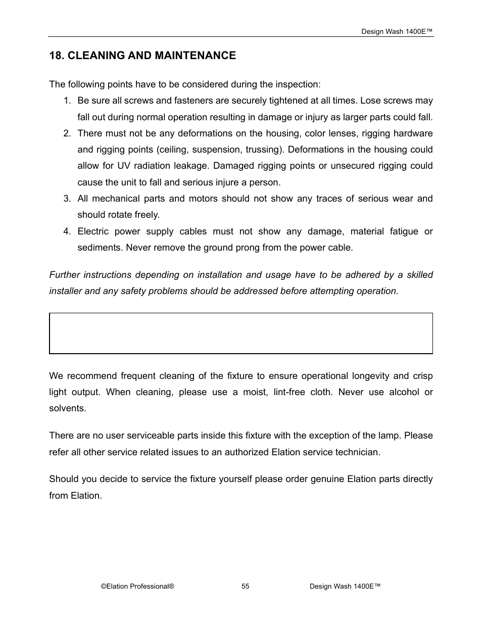 Cleaning and maintenance | Elation Professional 1400E User Manual | Page 55 / 64