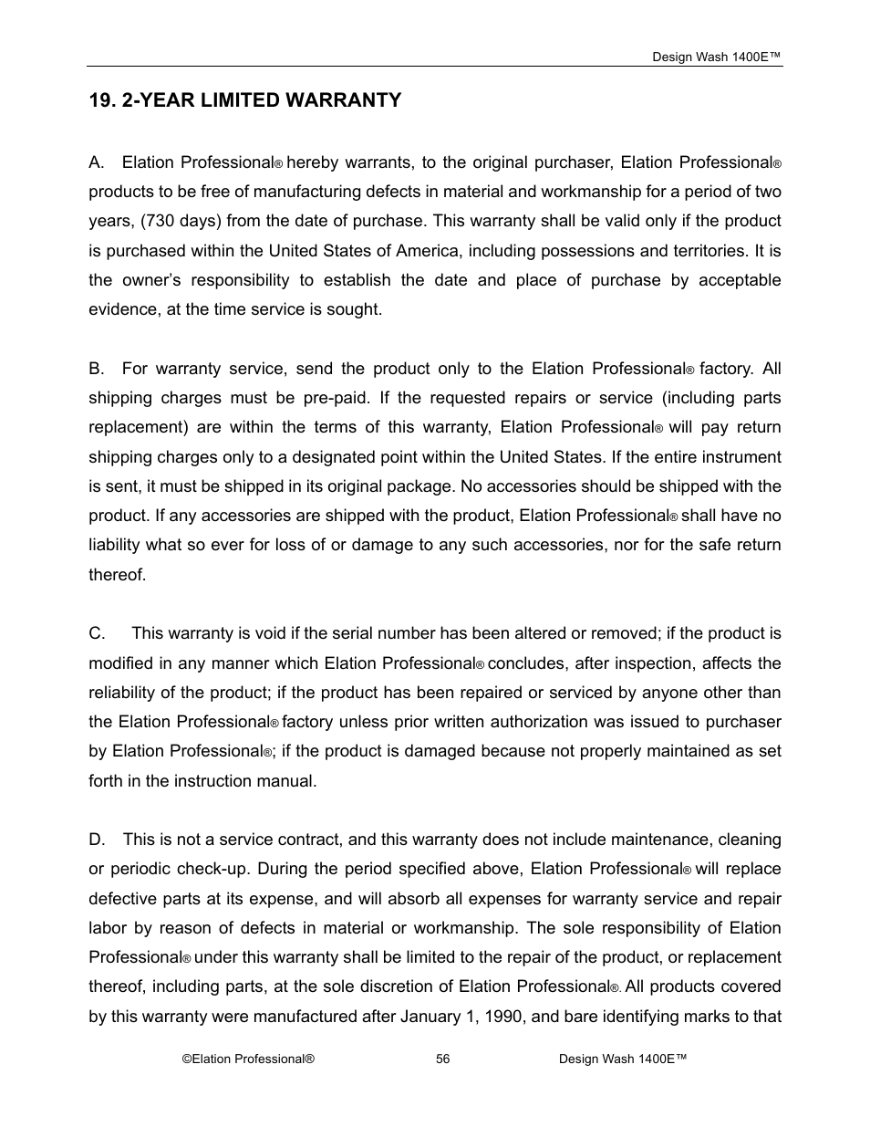 2-year limited warranty | Elation Professional 1400E User Manual | Page 56 / 64