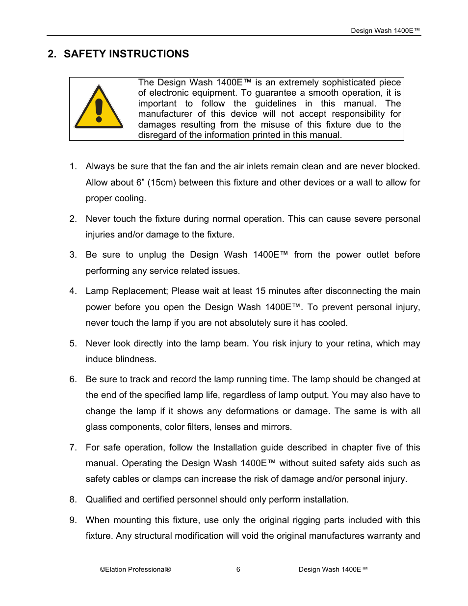 Safety instructions | Elation Professional 1400E User Manual | Page 6 / 64