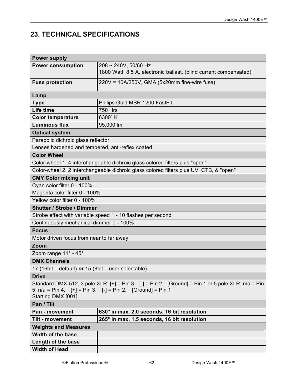 Technical specifications | Elation Professional 1400E User Manual | Page 62 / 64