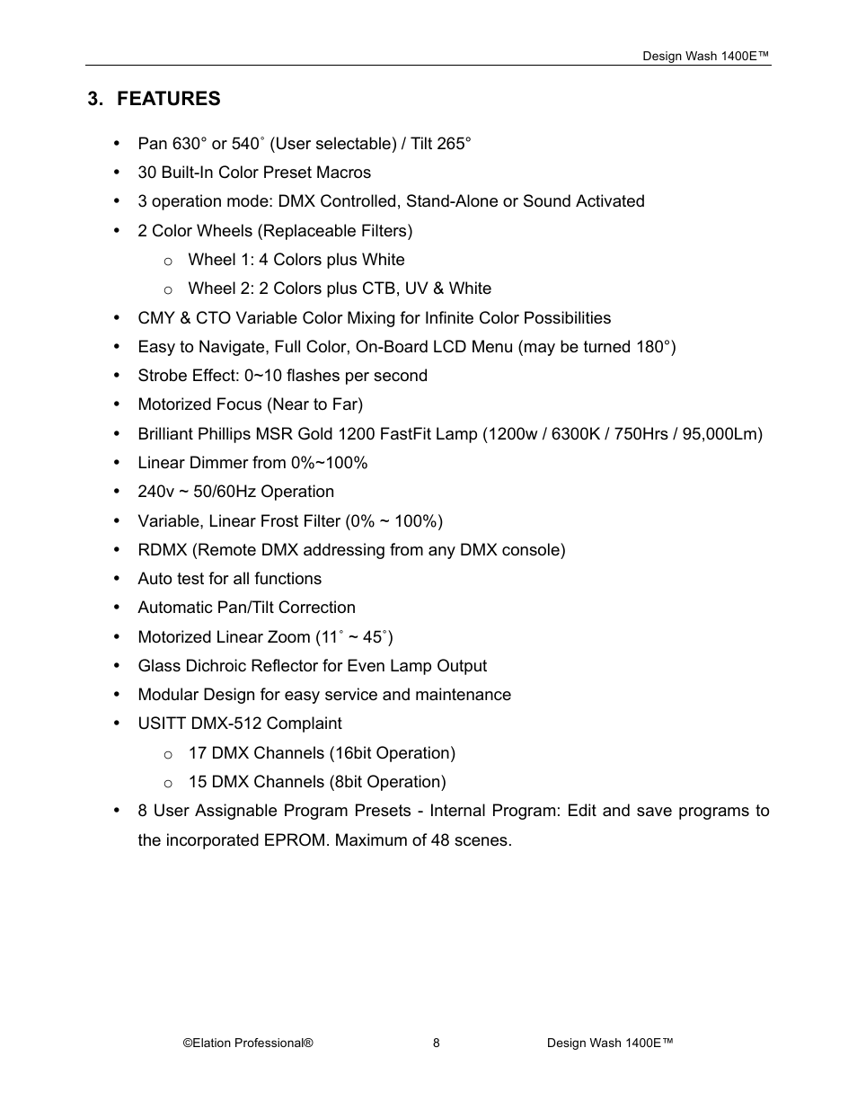 Features | Elation Professional 1400E User Manual | Page 8 / 64