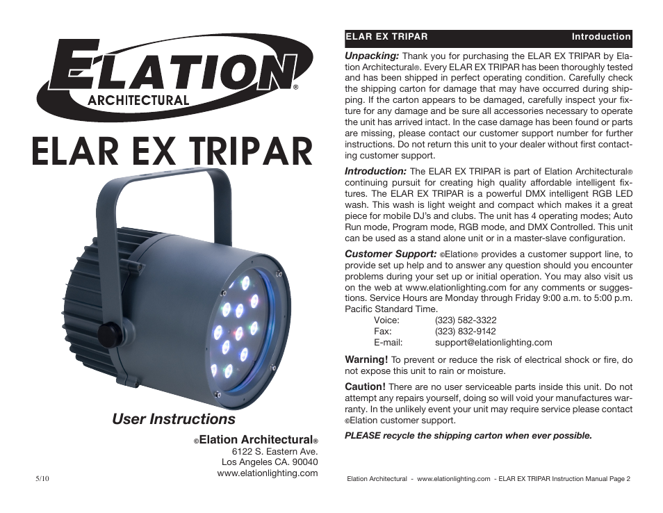 Elation Professional DJ Equipment User Manual | 8 pages