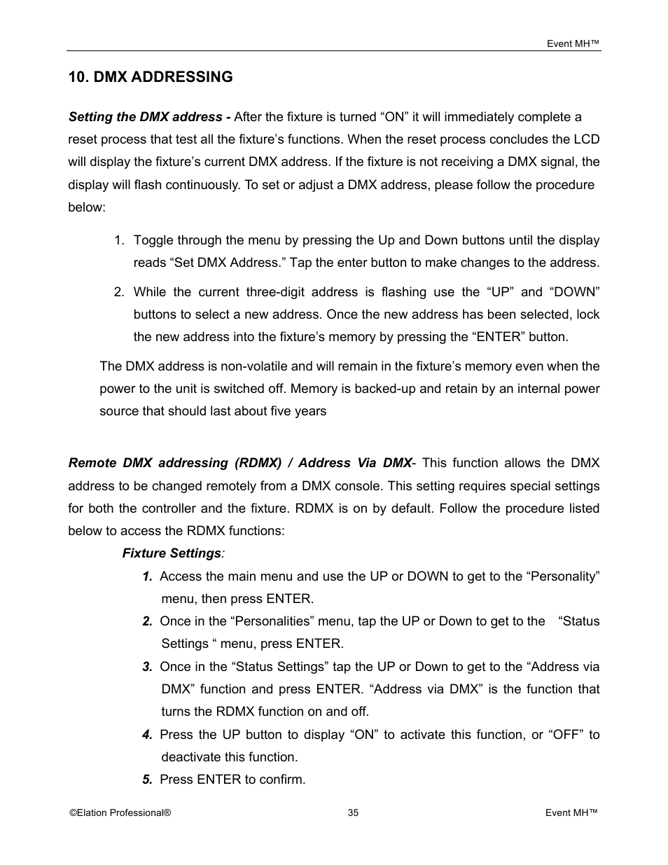 Dmx addressing | Elation Professional Event MH User Manual | Page 35 / 60