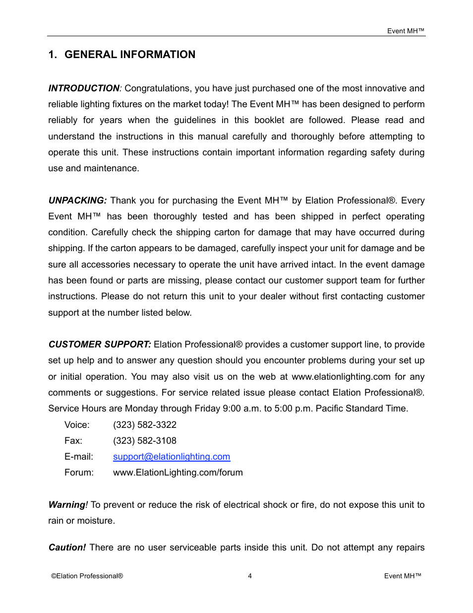 Elation Professional Event MH User Manual | Page 4 / 60