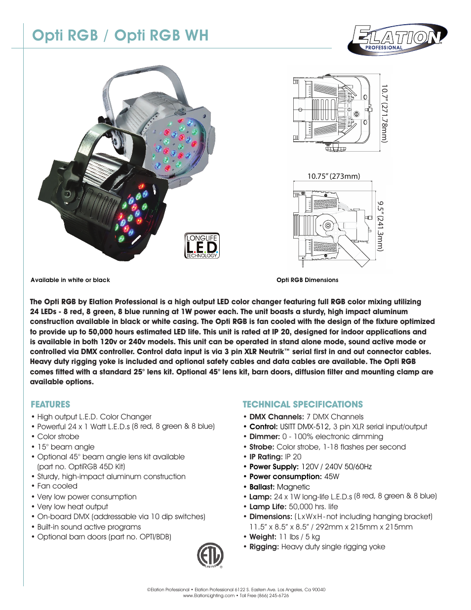 Elation Professional High Output LED Color Changer Opti RGB WH User Manual | 3 pages