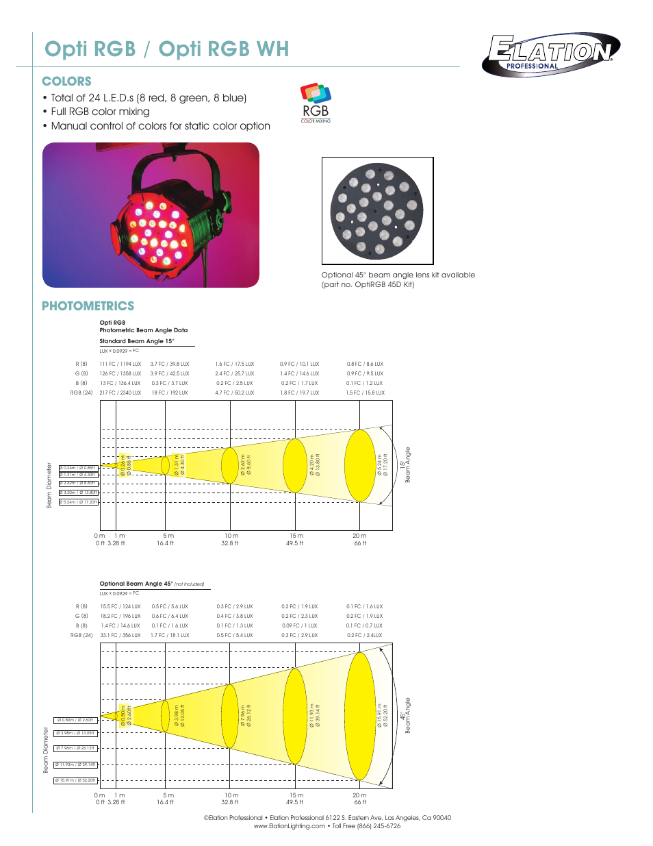 Opti rgb / opti rgb wh, Colors, Photometrics | Elation Professional High Output LED Color Changer Opti RGB WH User Manual | Page 2 / 3