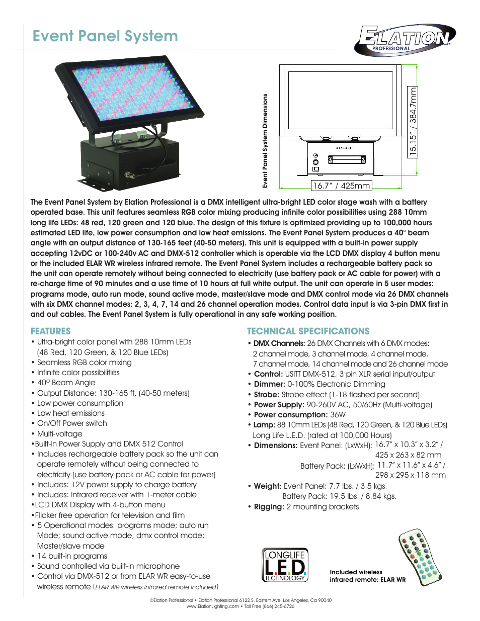 Elation Professional Event Panel System User Manual | 3 pages