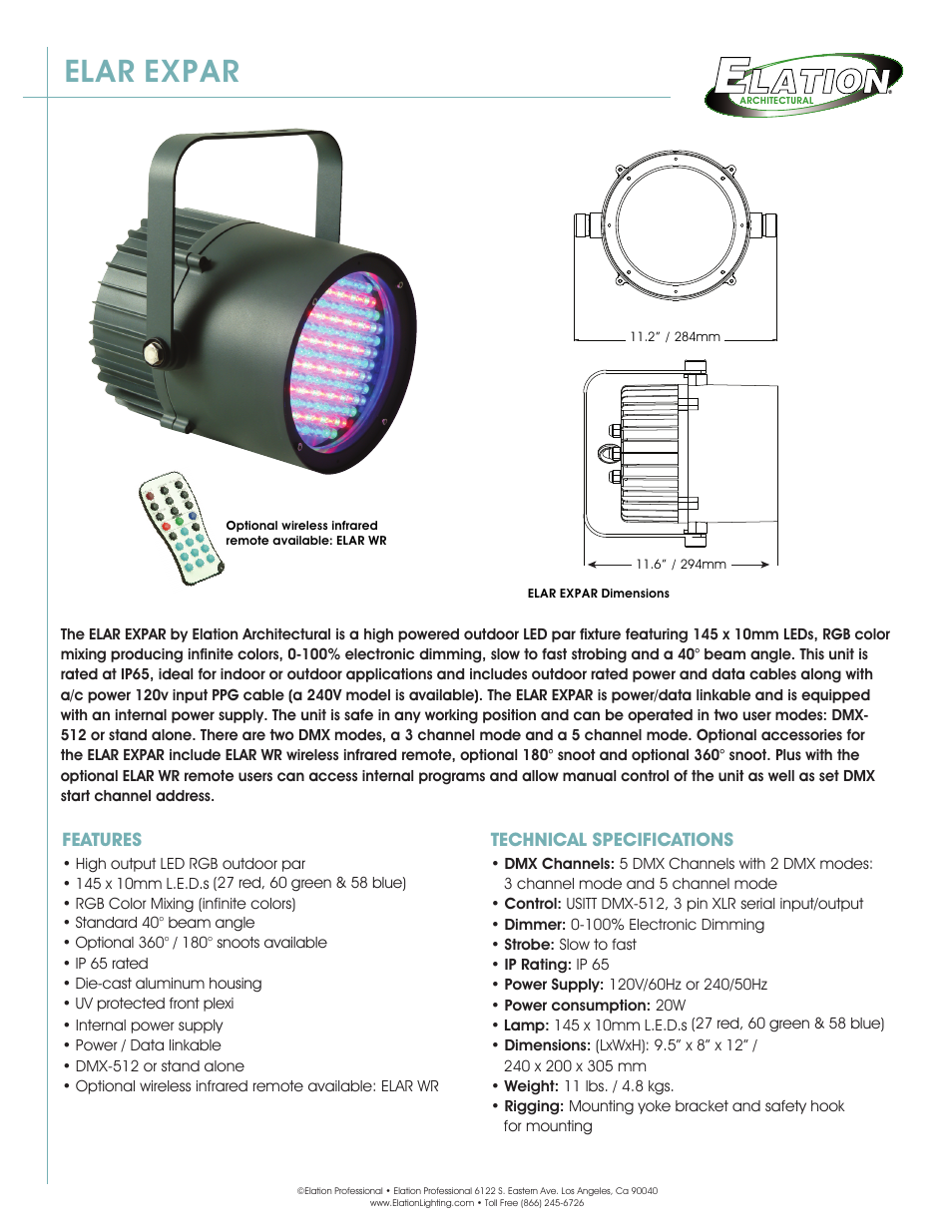 Elation Professional Outdoor LED Par Fixture ELAR EXPAR User Manual | 2 pages