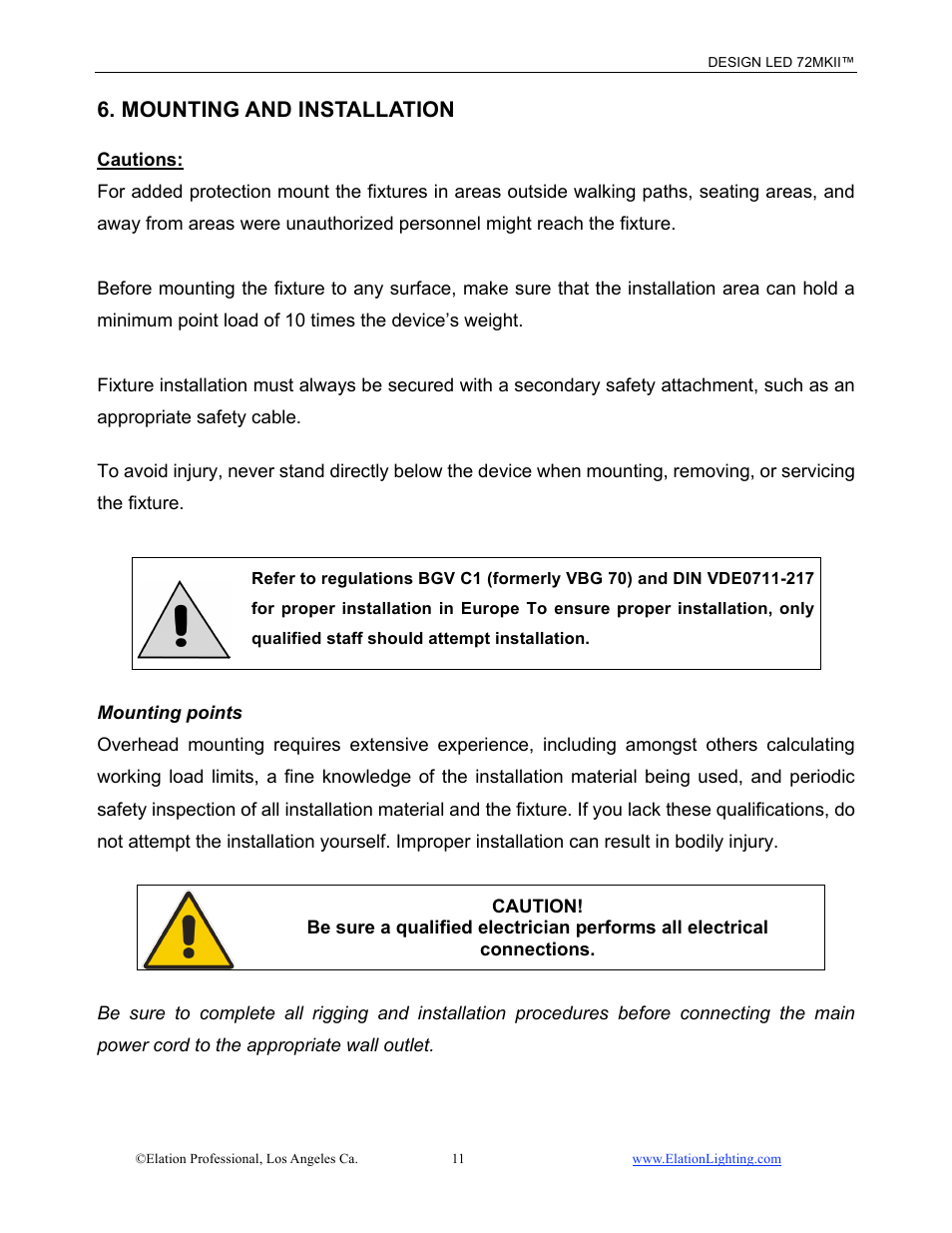Mounting and installation | Elation Professional 72MKII User Manual | Page 12 / 36