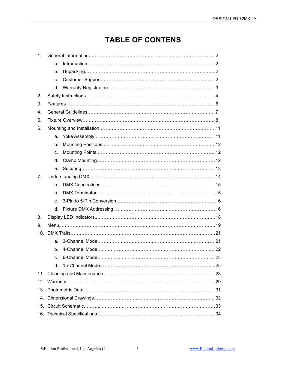 Table of contens | Elation Professional 72MKII User Manual | Page 2 / 36