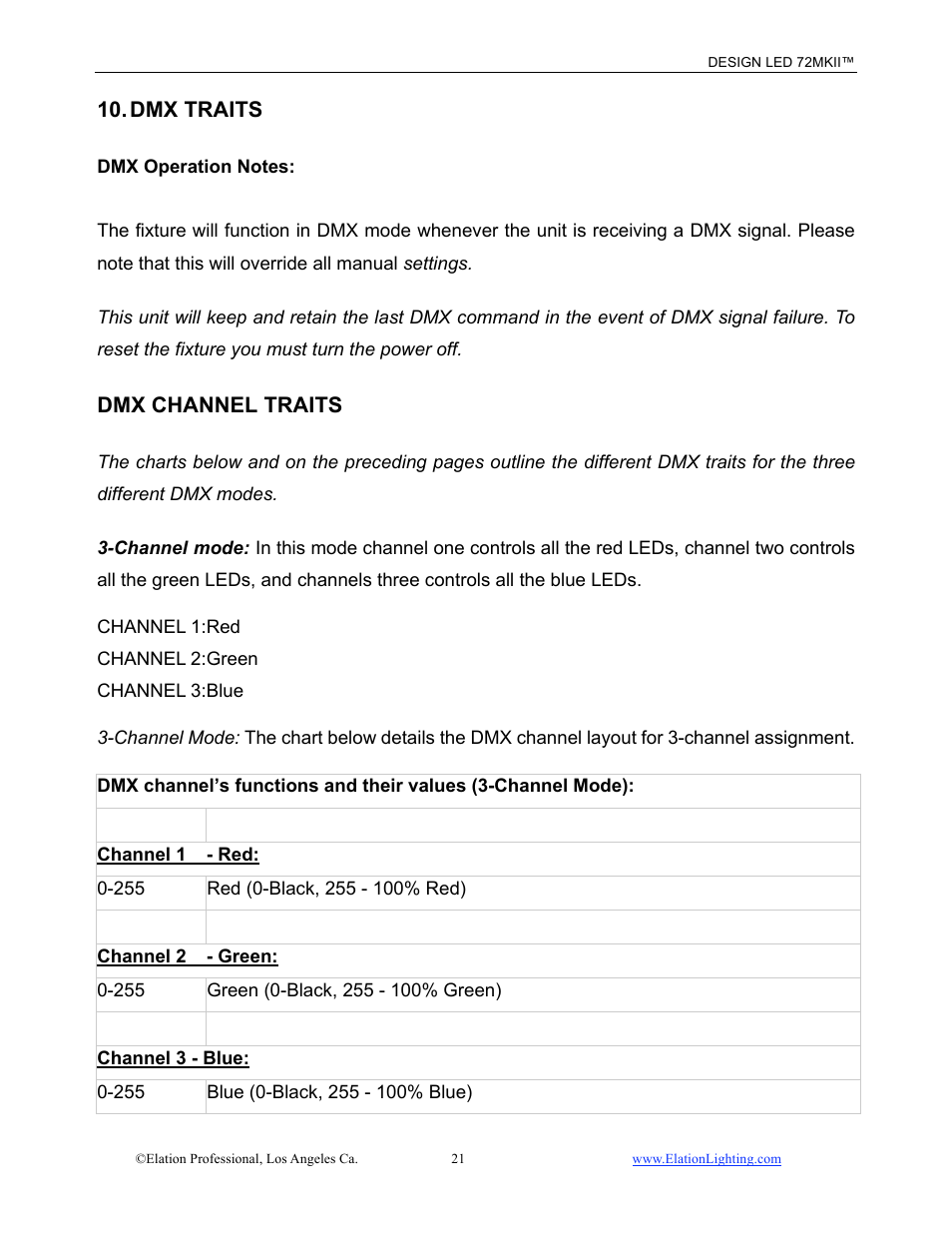 Dmx traits, Dmx channel traits | Elation Professional 72MKII User Manual | Page 22 / 36