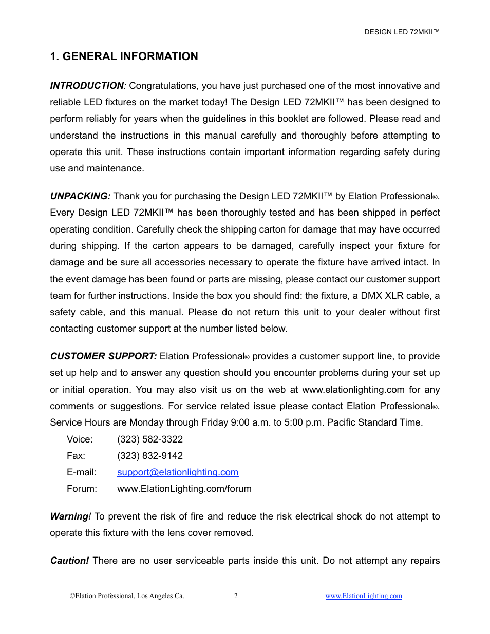 General information | Elation Professional 72MKII User Manual | Page 3 / 36