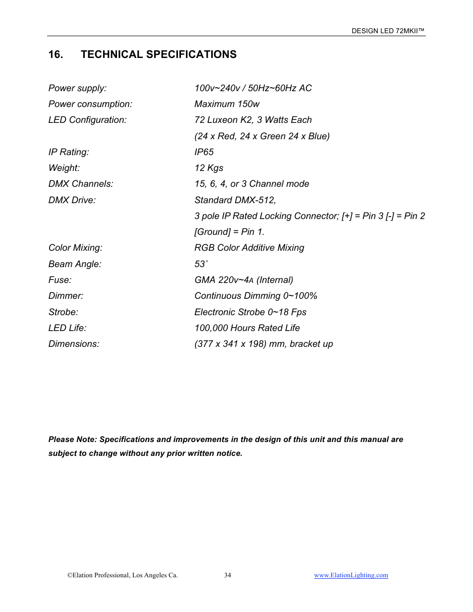 Technical specifications | Elation Professional 72MKII User Manual | Page 35 / 36
