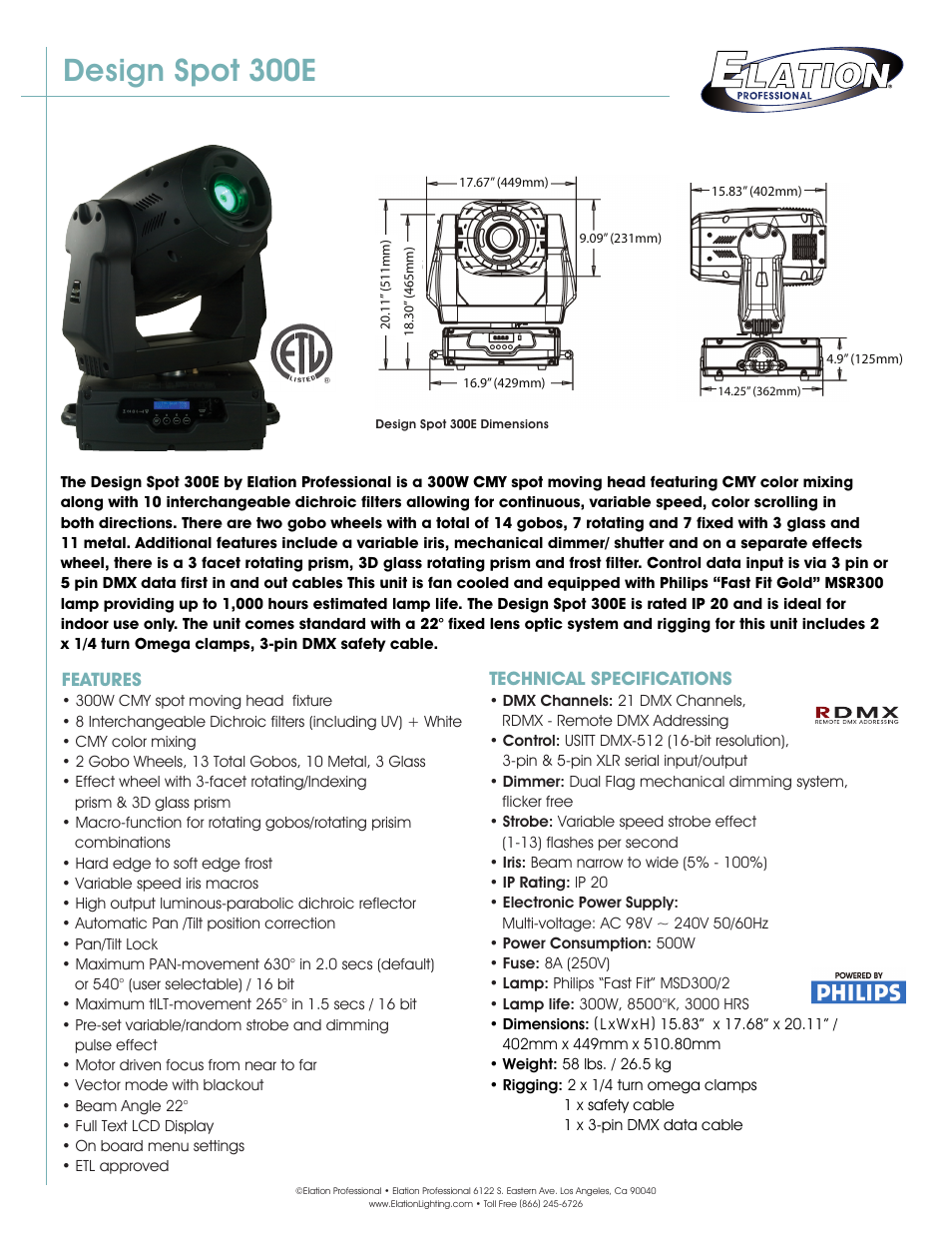 Elation Professional Spot 300E User Manual | 3 pages