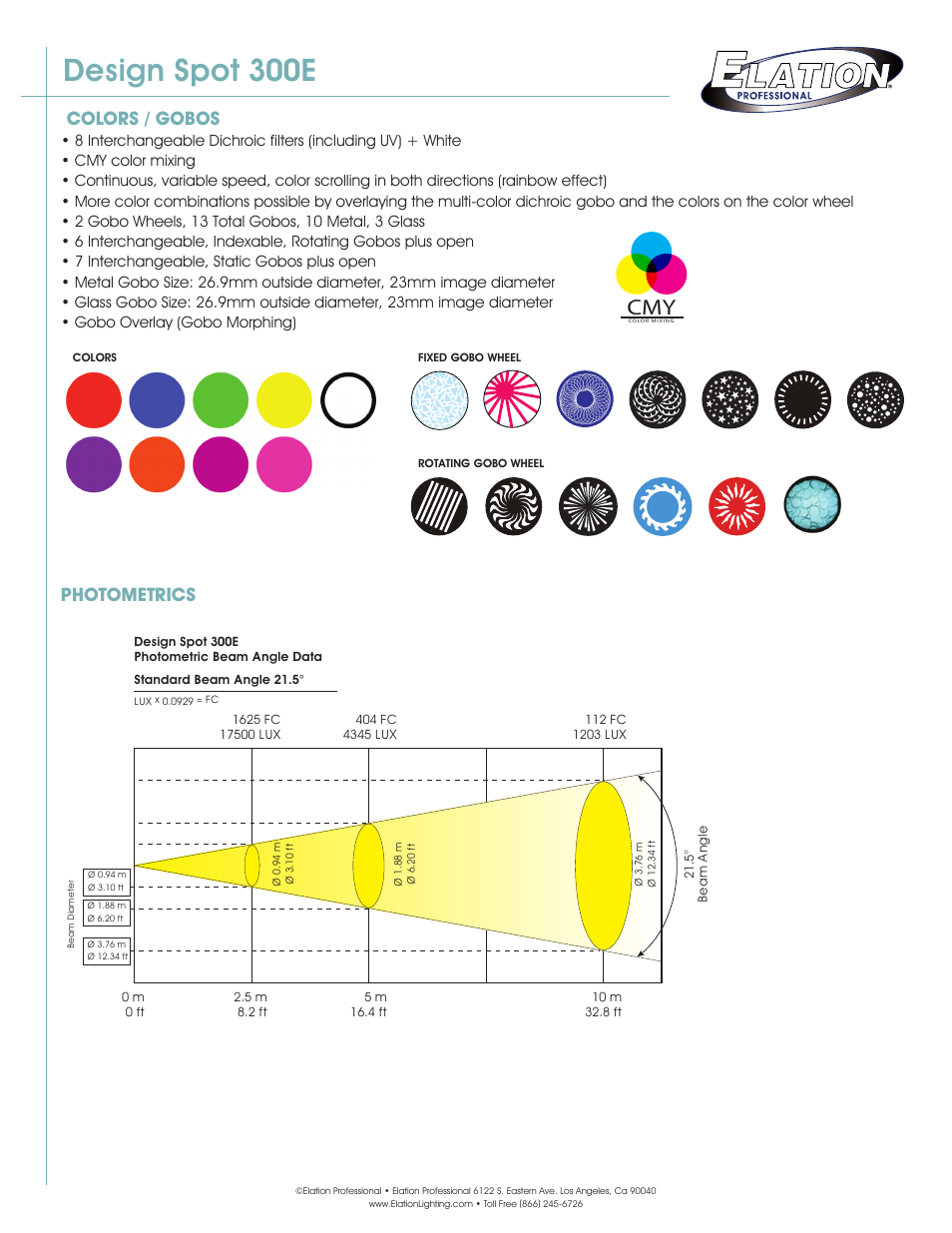 Design spot 300e, Colors / gobos, Photometrics | Elation Professional Spot 300E User Manual | Page 2 / 3