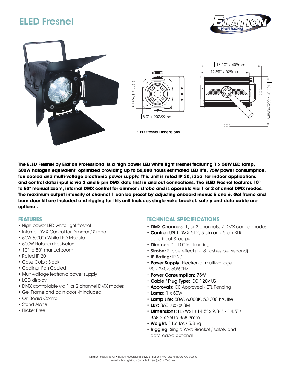 Elation Professional LED White Light Fresnel ELED Fresnel User Manual | 2 pages