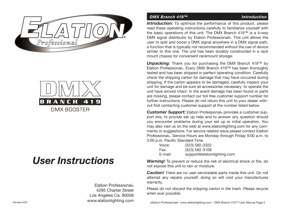 Elation Professional 419 User Manual | 4 pages