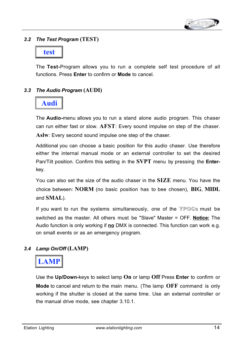 Test, Audi, Lamp | Elation Professional Power Wash 575E User Manual | Page 14 / 31