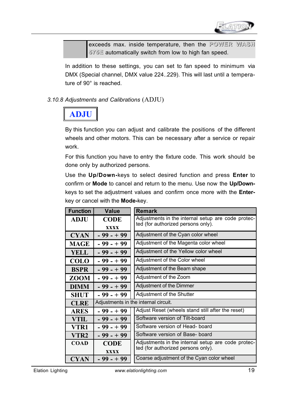 Adju | Elation Professional Power Wash 575E User Manual | Page 19 / 31