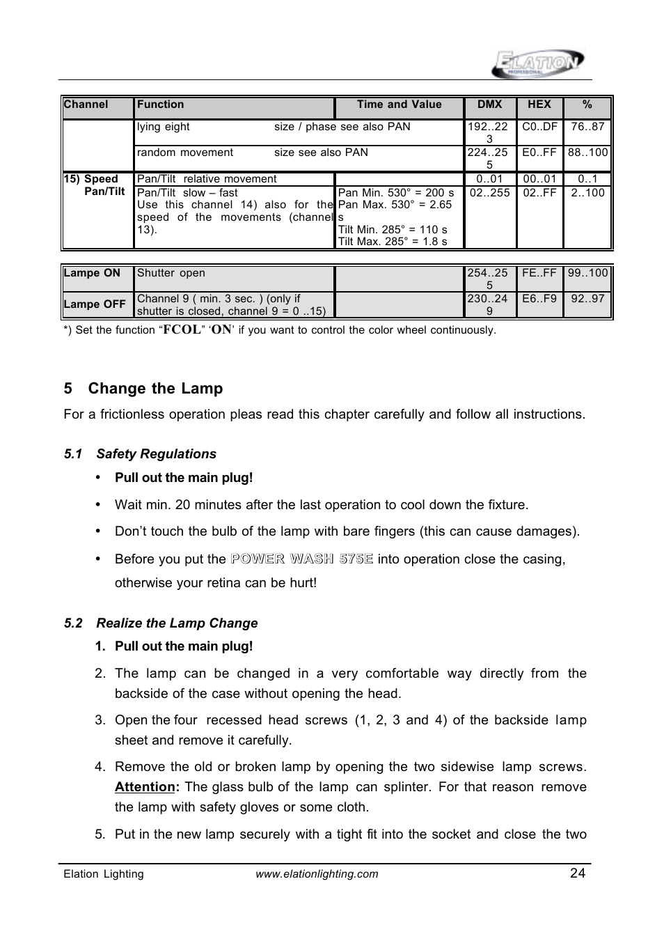 5 change the lamp | Elation Professional Power Wash 575E User Manual | Page 24 / 31