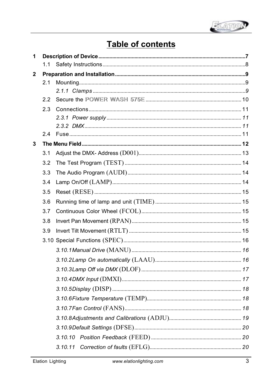 Elation Professional Power Wash 575E User Manual | Page 3 / 31