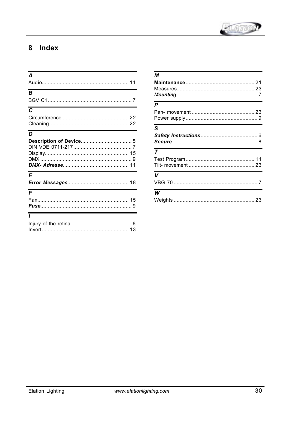 8 index | Elation Professional Power Wash 575E User Manual | Page 30 / 31