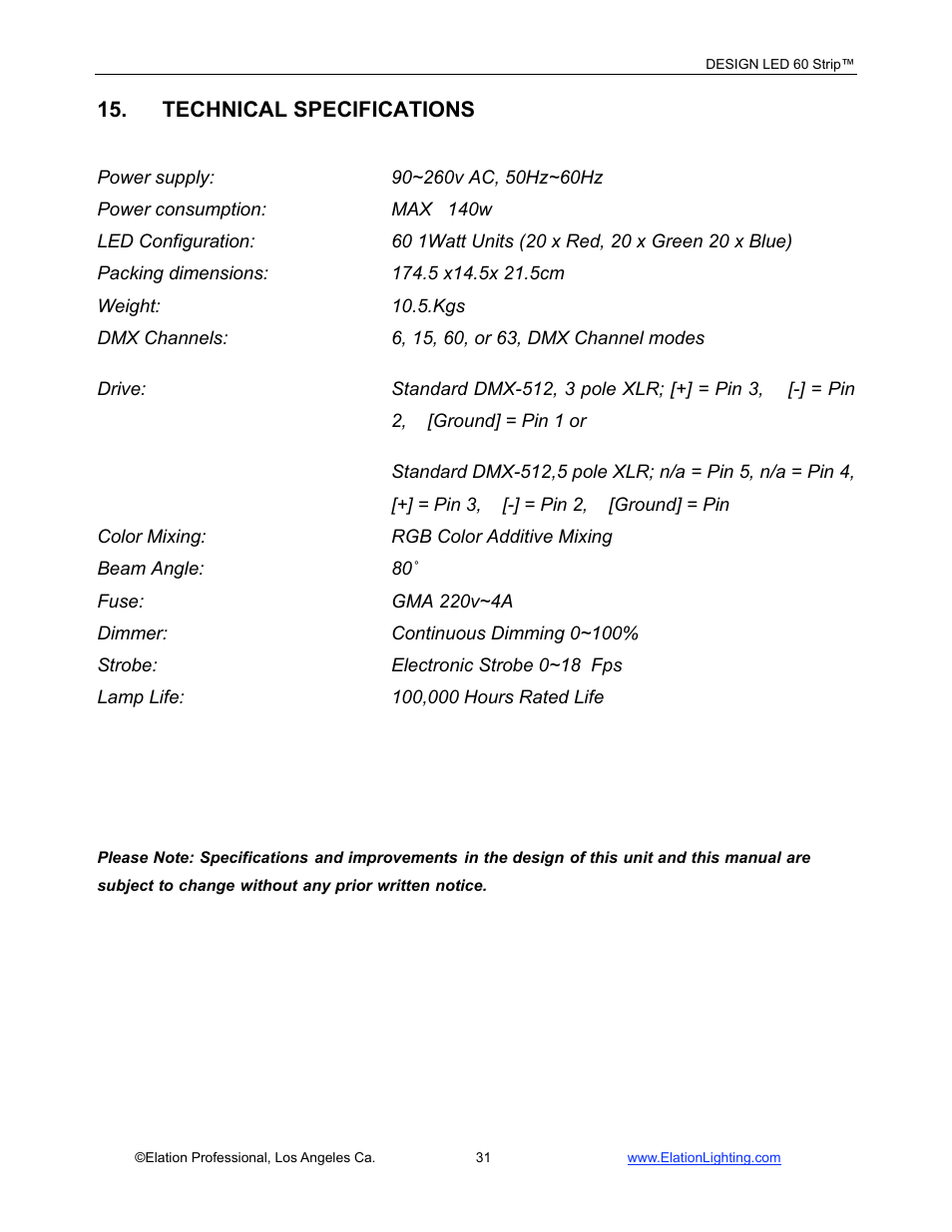 Technical specifications | Elation Professional LED 60 User Manual | Page 32 / 34
