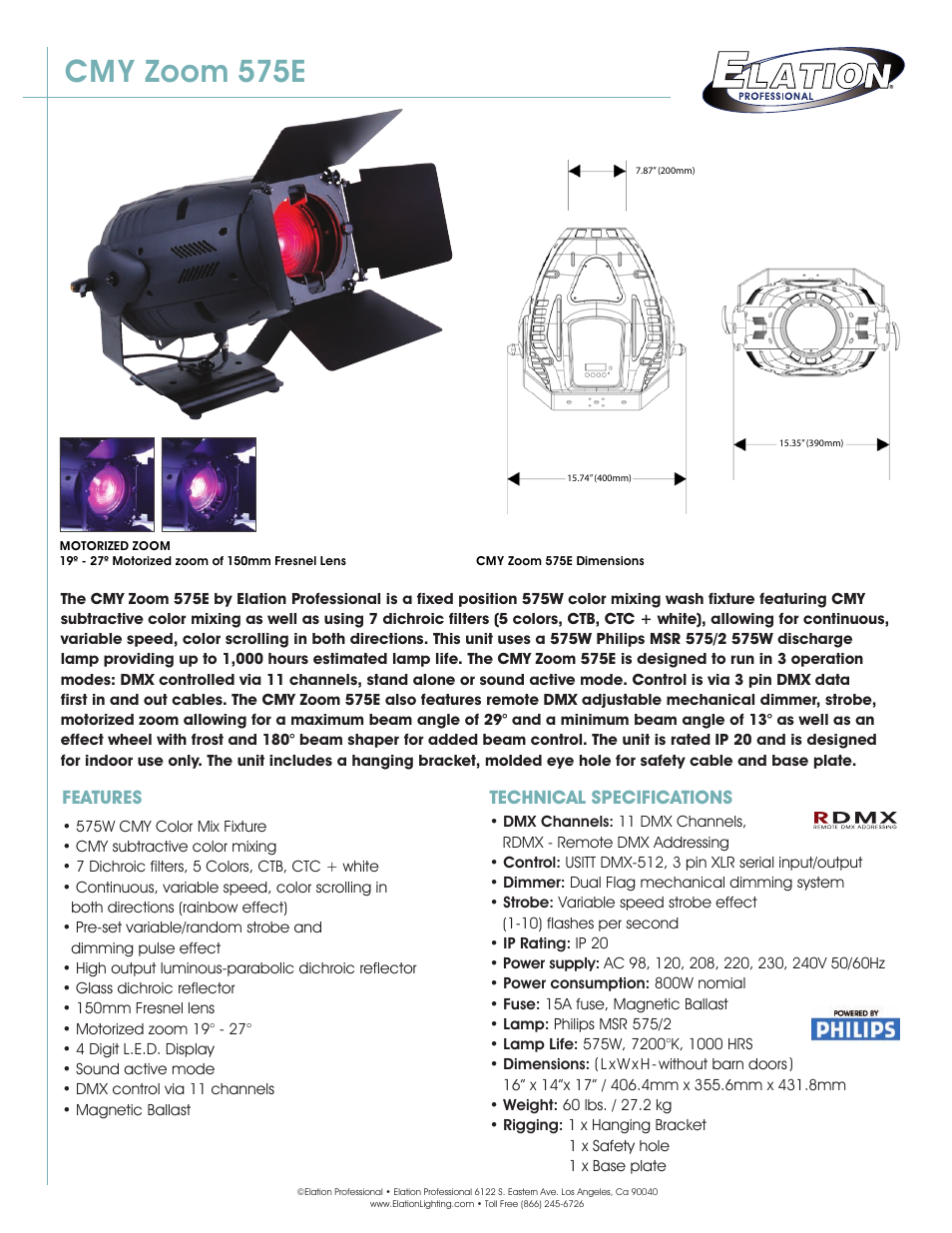 Elation Professional CMY Zoom 575E User Manual | 2 pages