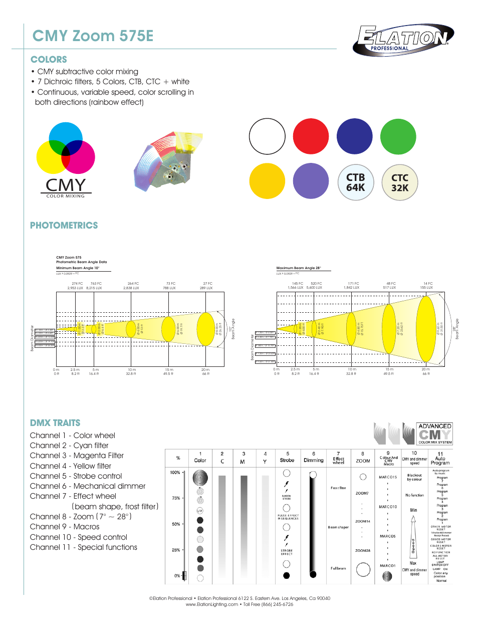 Cmy zoom 575e, Colors, Dmx traits | Photometrics, Dmx channel traits | Elation Professional CMY Zoom 575E User Manual | Page 2 / 2