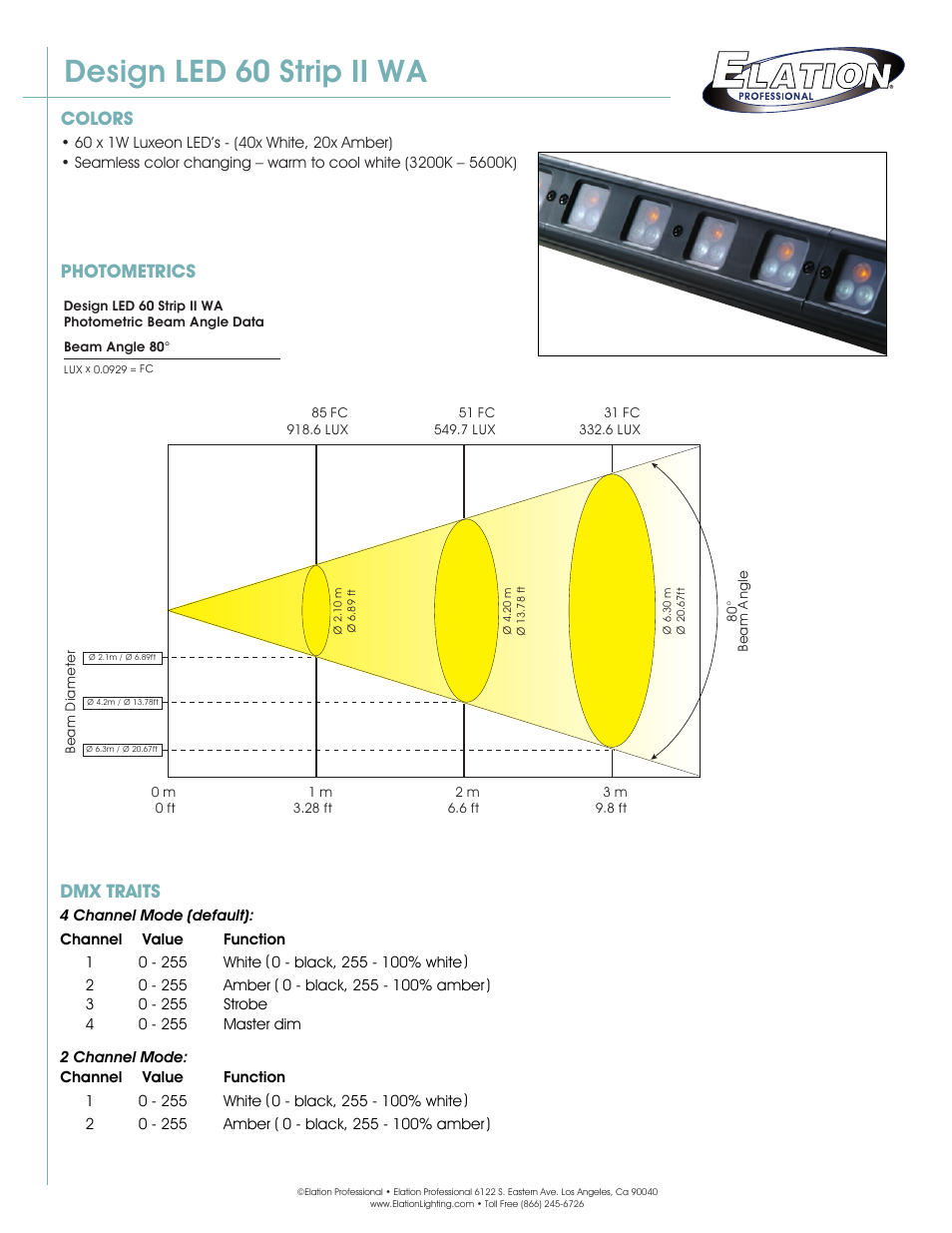 Design led 60 strip ii wa, Colors, Dmx traits | Photometrics | Elation Professional 60 Strip II WA User Manual | Page 2 / 2