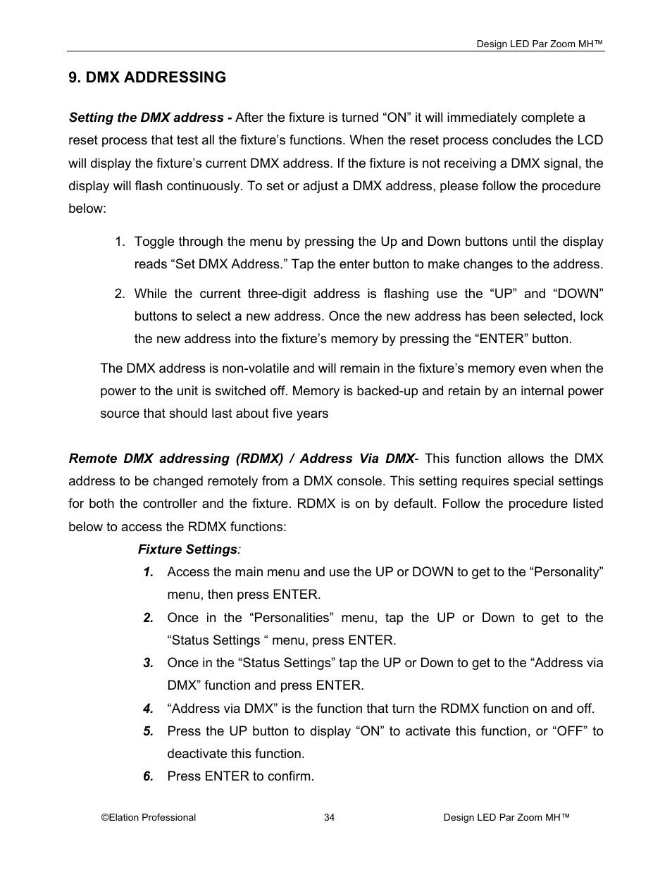 Dmx addressing | Elation Professional Landscape Lighting User Manual | Page 34 / 52