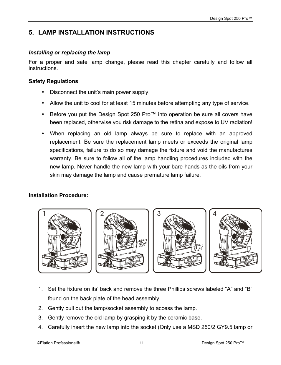 Lamp installation instructions | Elation Professional Design Spot 250 Pro User Manual | Page 11 / 56