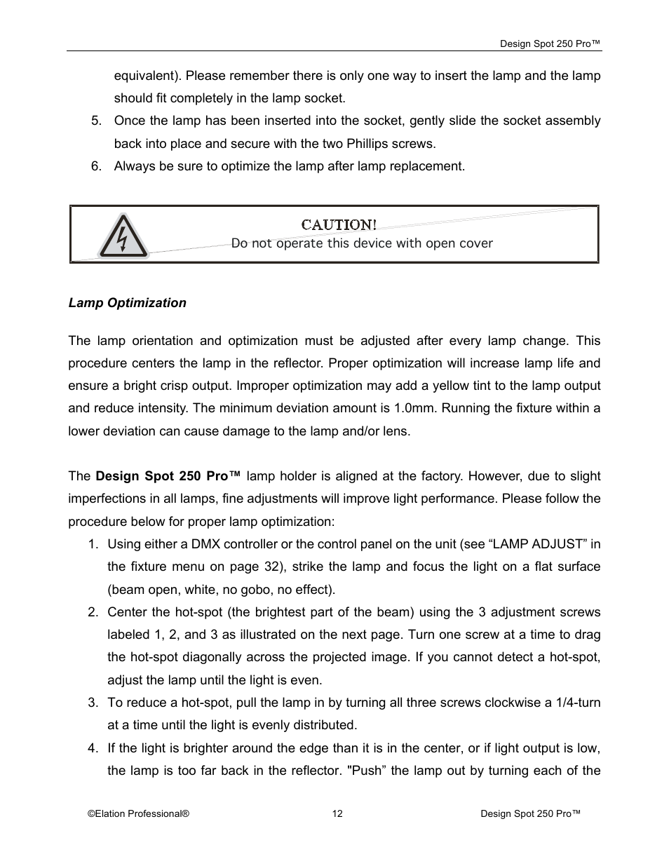 Elation Professional Design Spot 250 Pro User Manual | Page 12 / 56