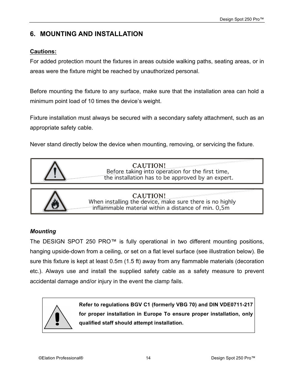 Mounting and installation | Elation Professional Design Spot 250 Pro User Manual | Page 14 / 56