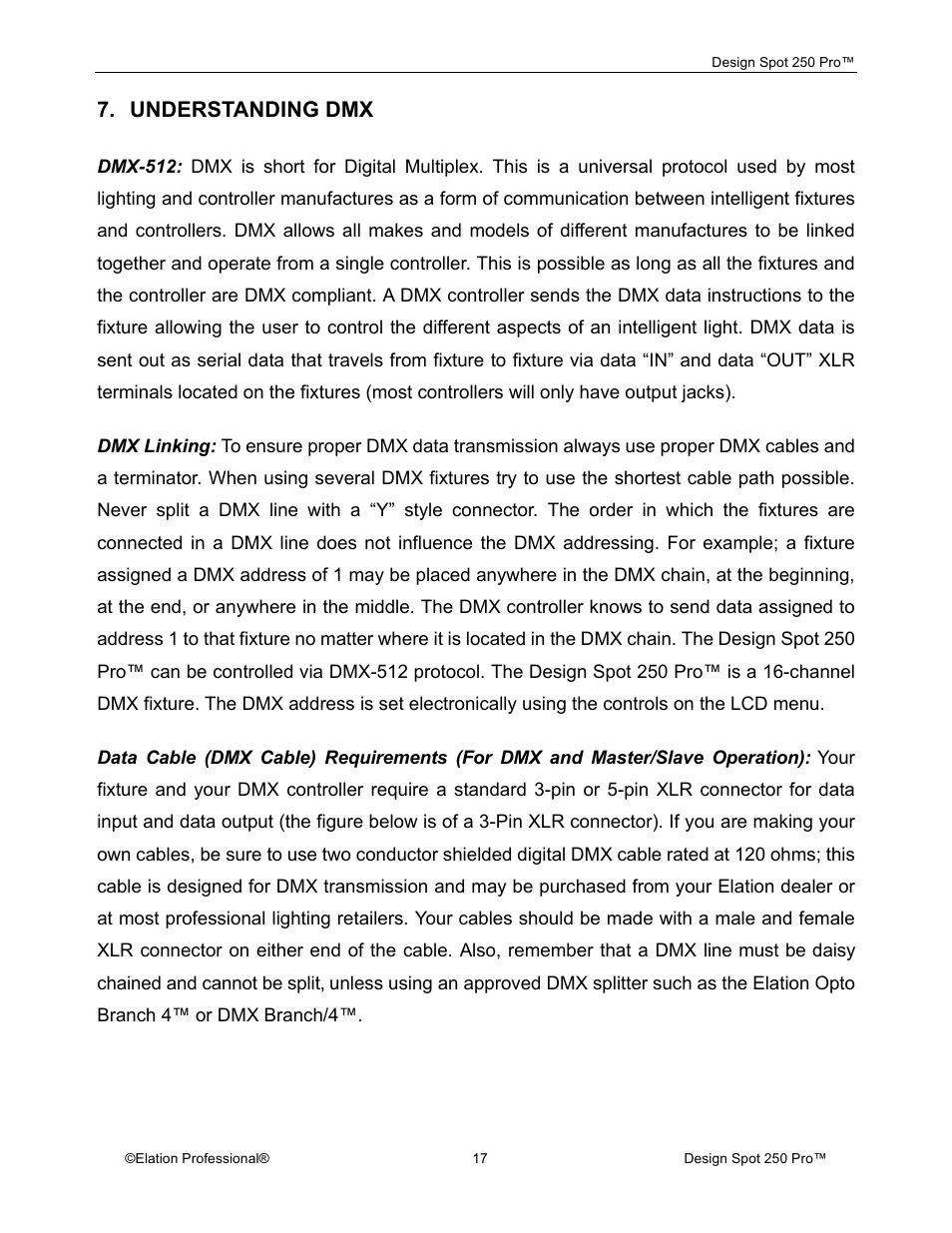 Understanding dmx | Elation Professional Design Spot 250 Pro User Manual | Page 17 / 56