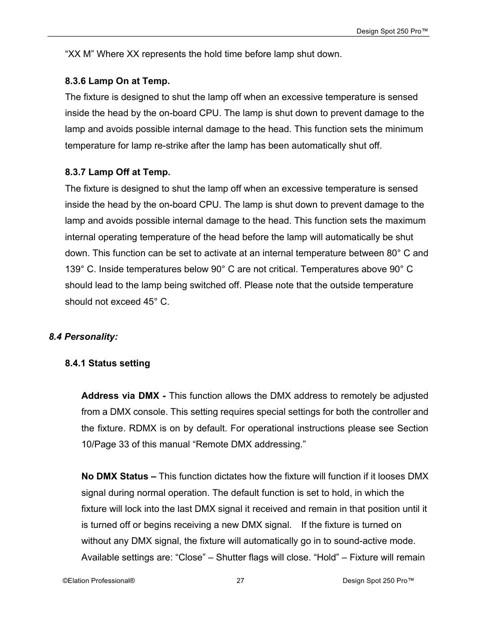 Elation Professional Design Spot 250 Pro User Manual | Page 27 / 56