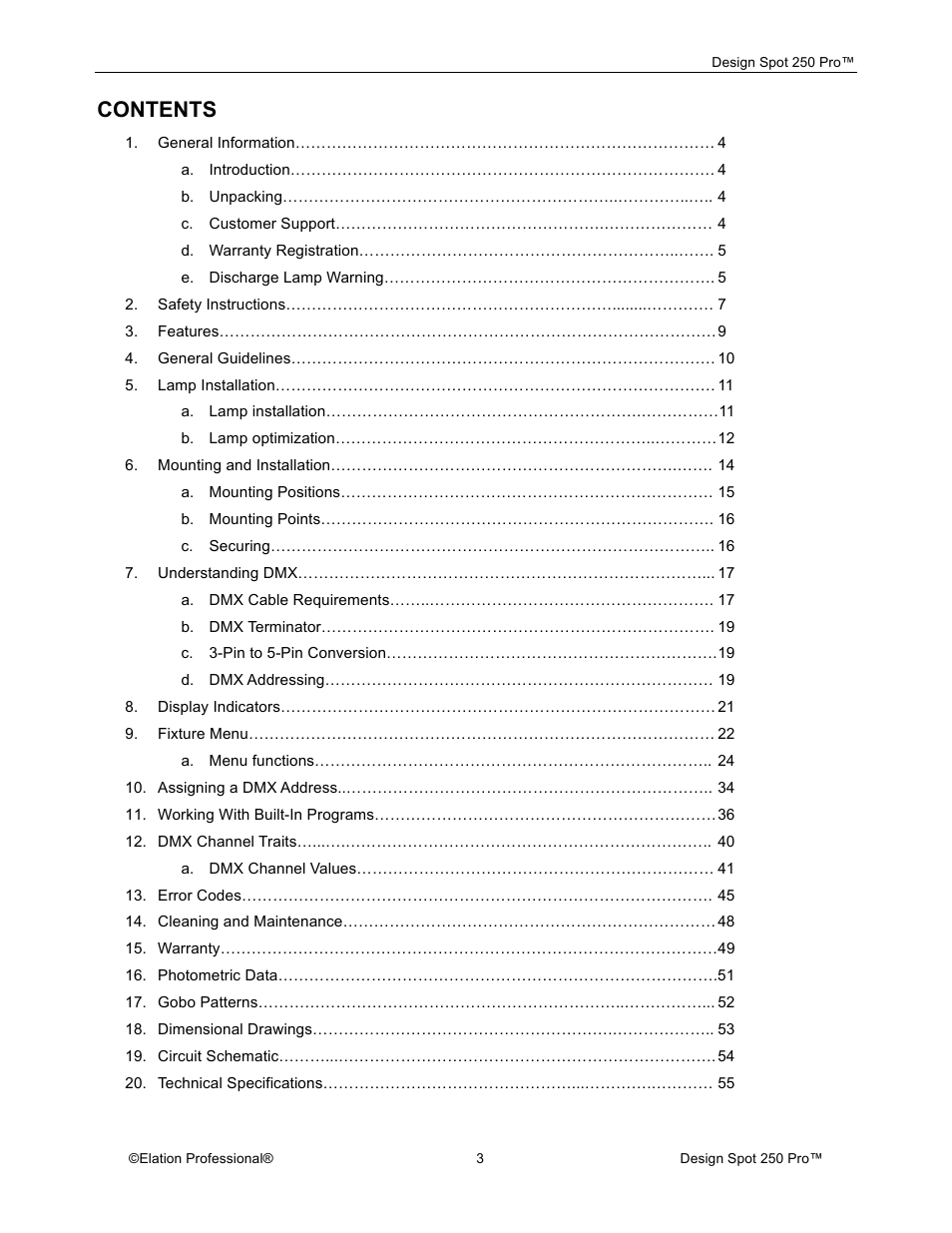 Elation Professional Design Spot 250 Pro User Manual | Page 3 / 56