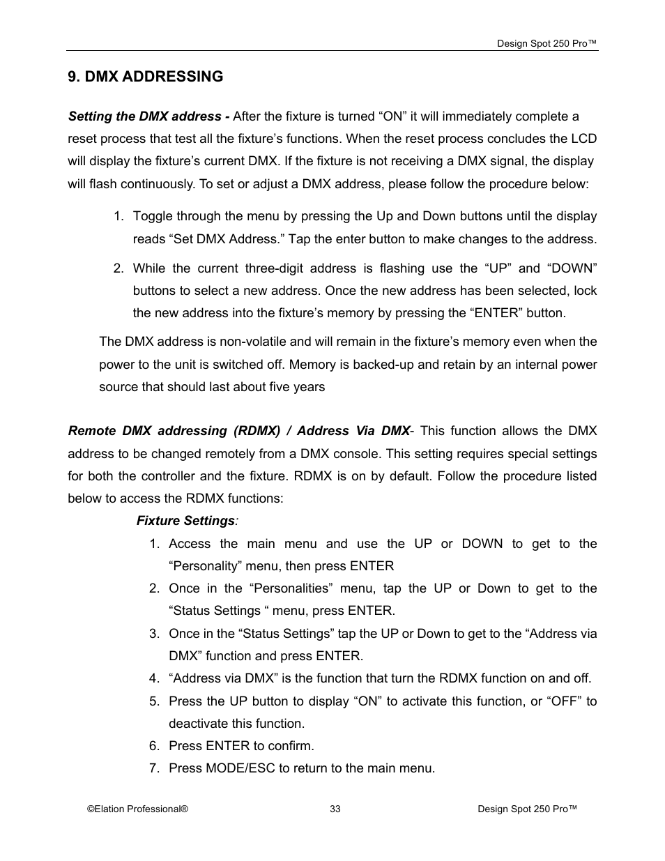 Dmx addressing | Elation Professional Design Spot 250 Pro User Manual | Page 33 / 56