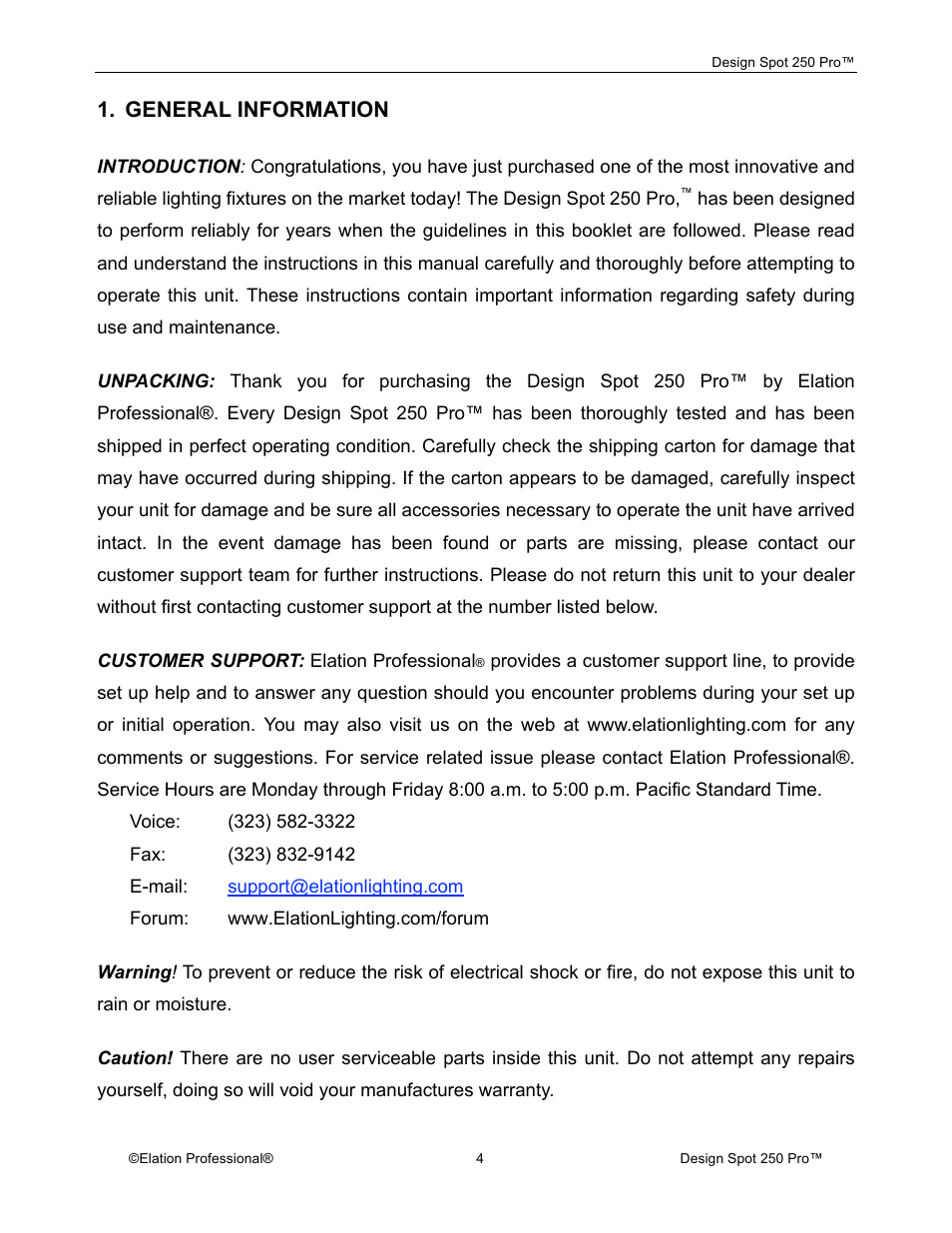 General information | Elation Professional Design Spot 250 Pro User Manual | Page 4 / 56