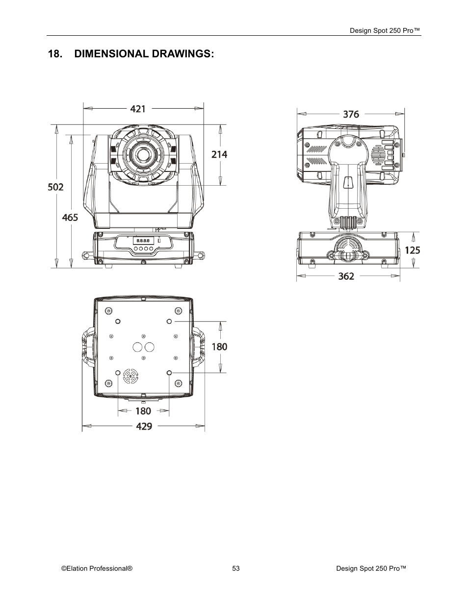 Dimensional drawings | Elation Professional Design Spot 250 Pro User Manual | Page 53 / 56