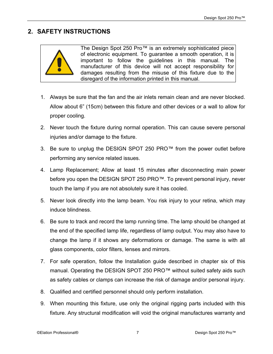 Safety instructions | Elation Professional Design Spot 250 Pro User Manual | Page 7 / 56