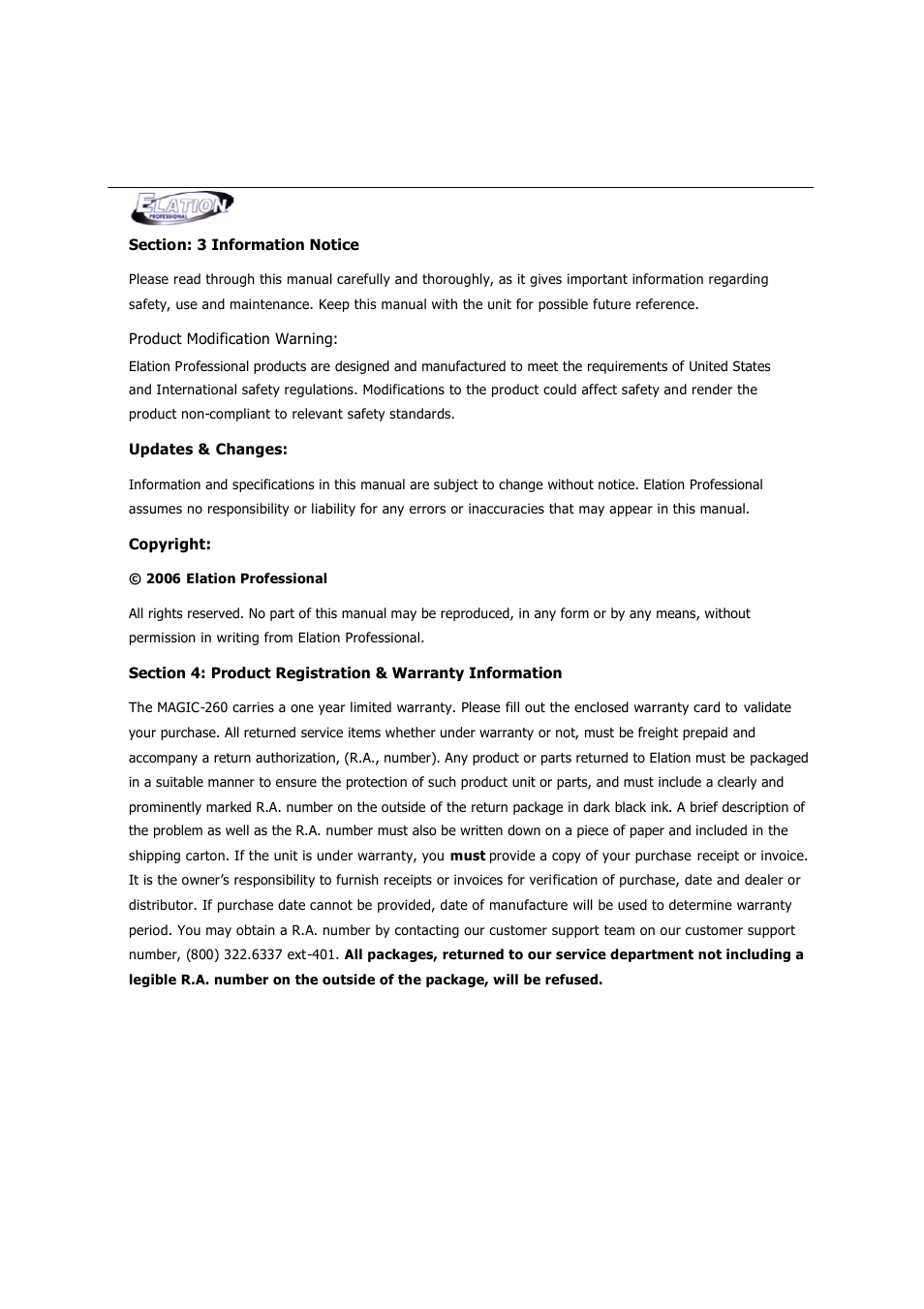 Elation Professional MAGIC-260 User Manual | Page 5 / 34