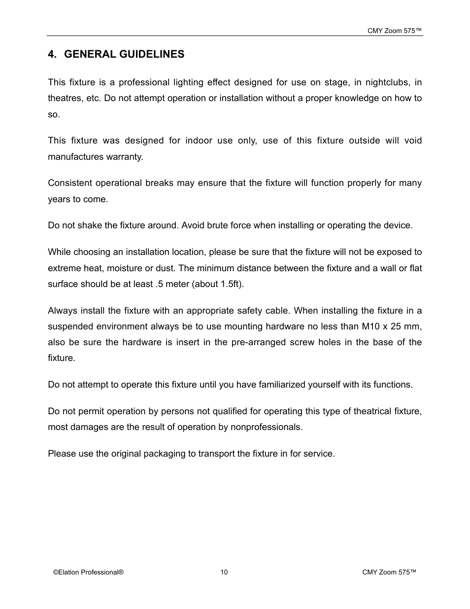 Elation Professional CMY Zoom 575 User Manual | Page 10 / 52