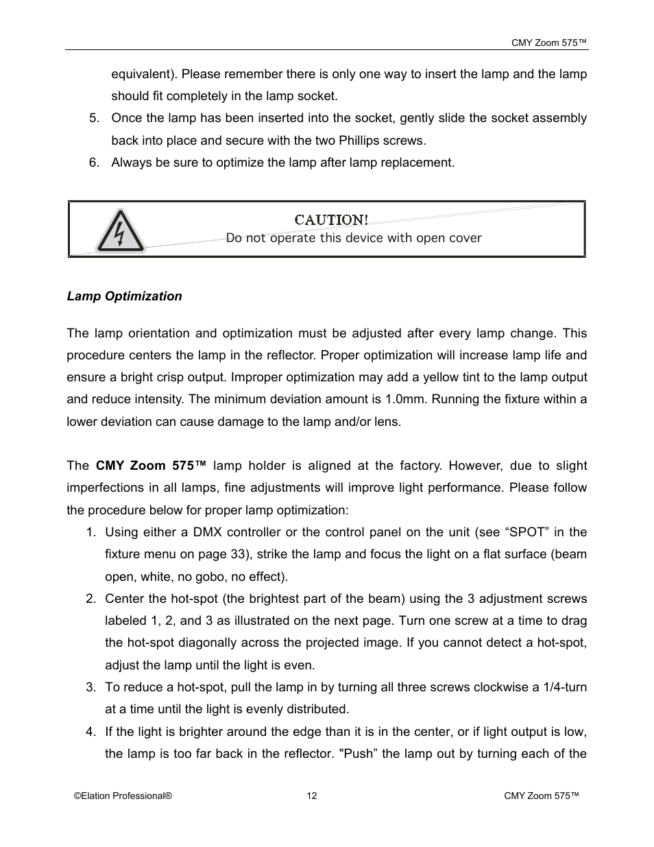 Elation Professional CMY Zoom 575 User Manual | Page 12 / 52