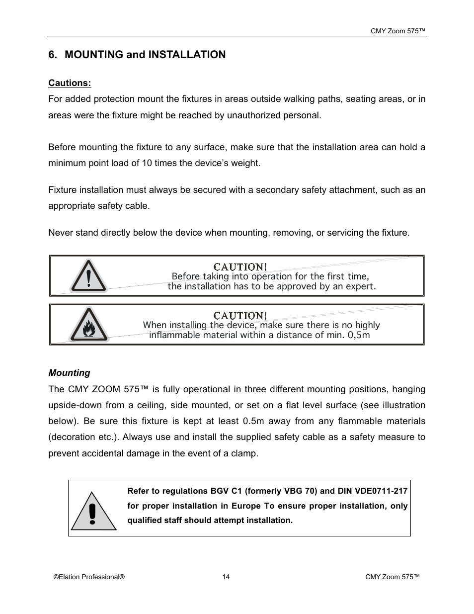 Mounting and installation | Elation Professional CMY Zoom 575 User Manual | Page 14 / 52