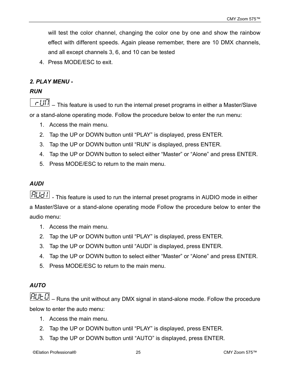 Elation Professional CMY Zoom 575 User Manual | Page 25 / 52