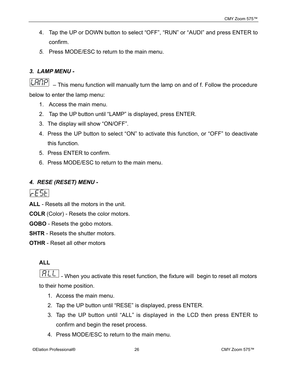 Elation Professional CMY Zoom 575 User Manual | Page 26 / 52